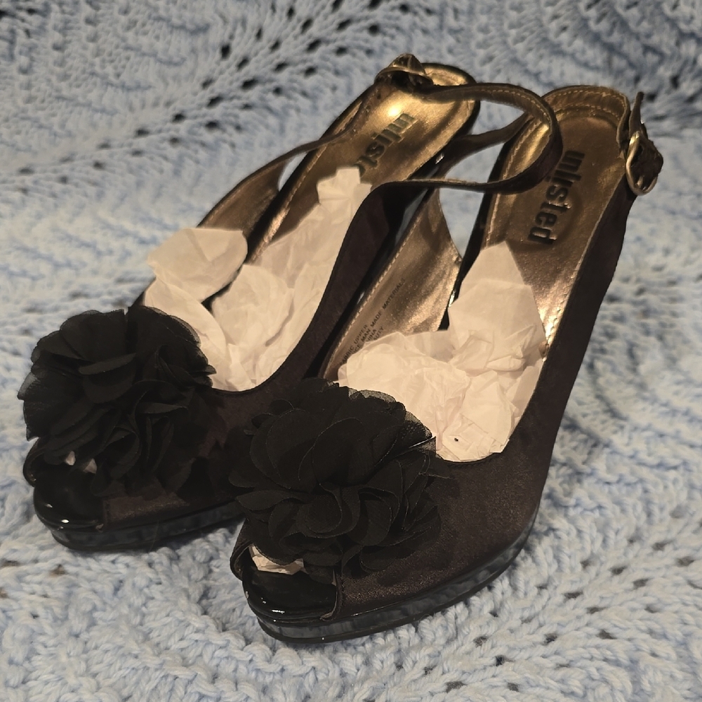 Unlisted Black Peep-Toe Heels with Floral Detail